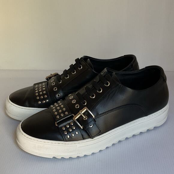 Les Hommes Black Leather Studded Buckle Sneakers Men’s Size 42/ 9 US  Italian - Picture 1 of 12